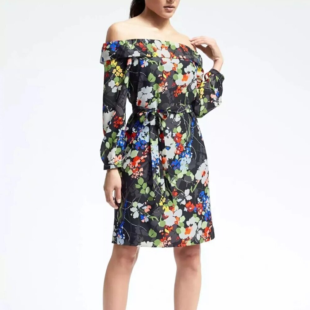 Banana Republic Off the Shoulder Floral Dress Black Women's Size S